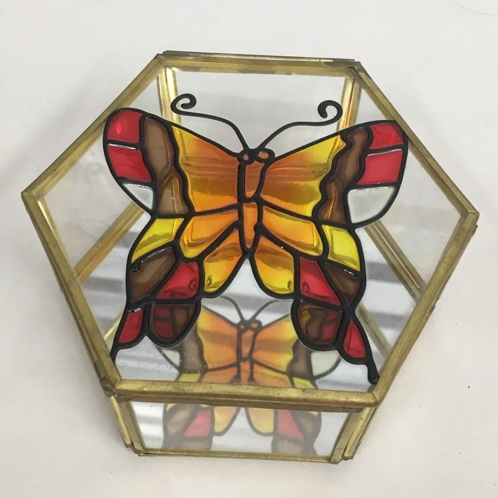 Vtg Walmart Glass & Brass Trinket Jewelry Box Mirror Bottom Painted Butterfly